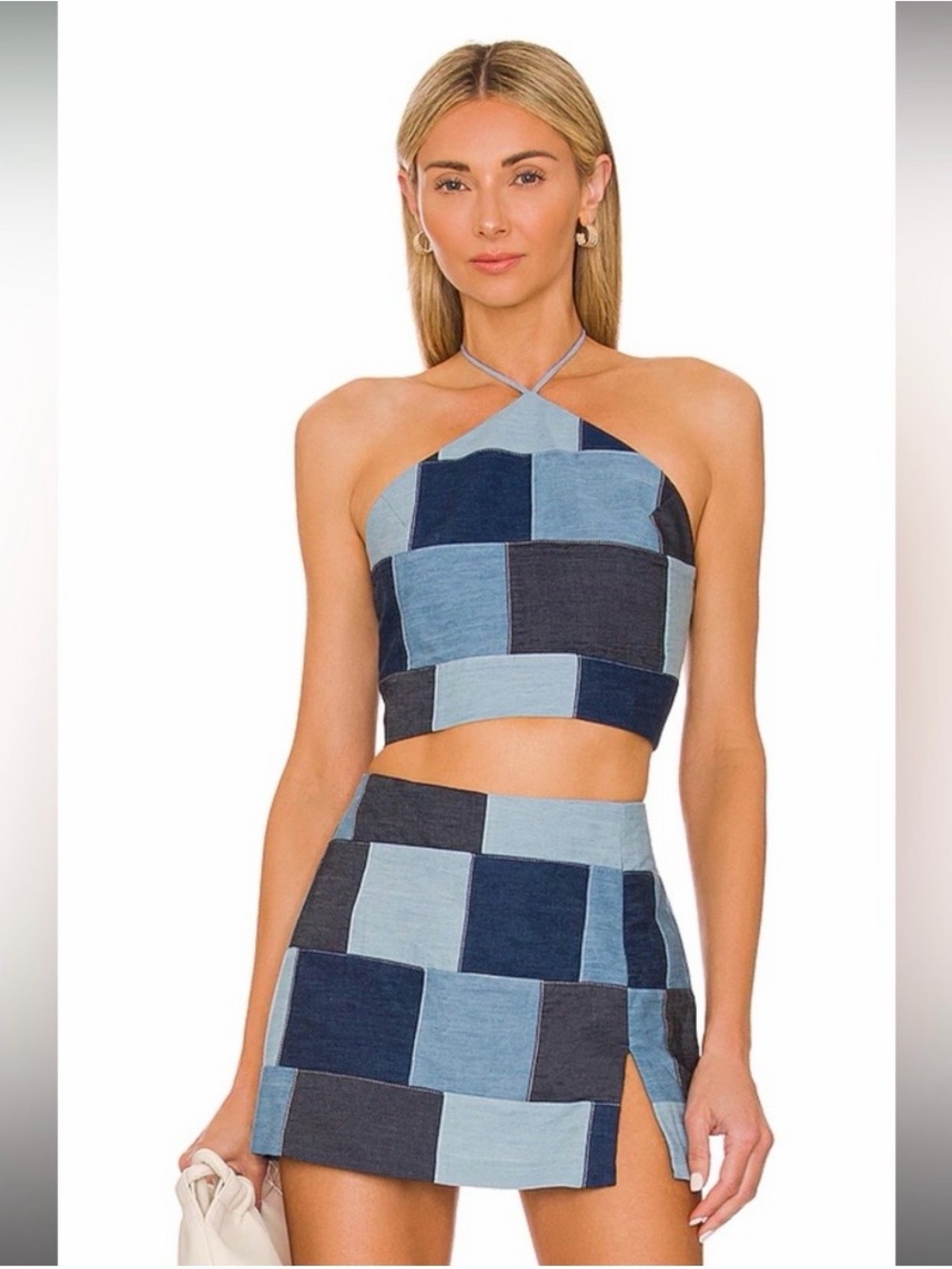 Amanda Uprichard Patchwork Denim Halter Crop Tank Top - Light & Dark Blue